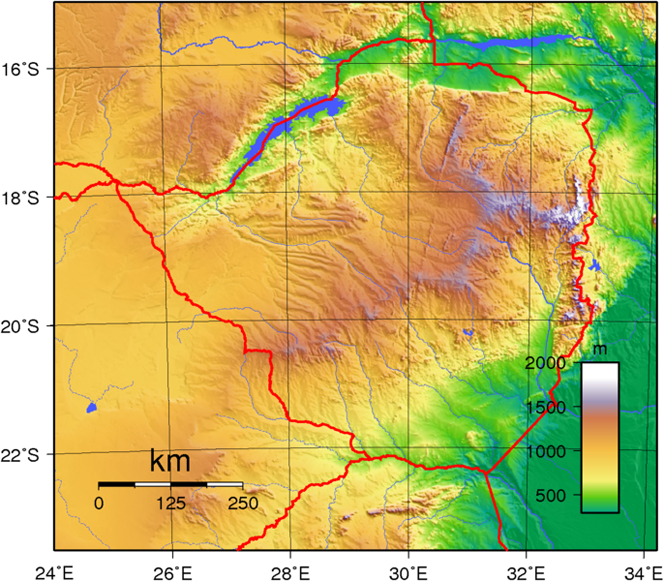 Simbabwe, Relief, Topographie, Karte